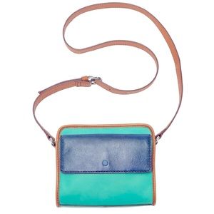 Fossil Leather Crossbody Camera Bag Blue Green Brown Adjustable Strap